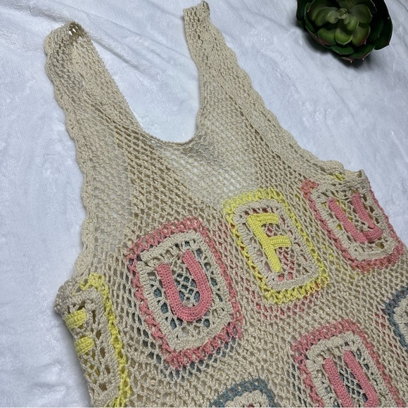 Wildfox Sabrina Fun Granny Square Crochet Mini Dress Cover-up in Cream Pastel - Picture 5 of 14